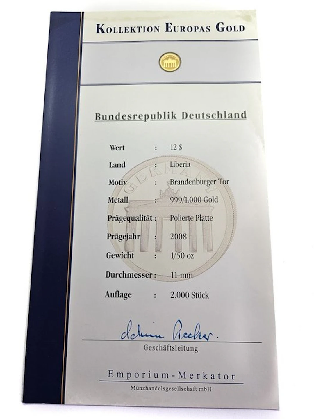Liberia. 12 Dollars 2008 - Brandenburger Tor - 1/50 Oz.
