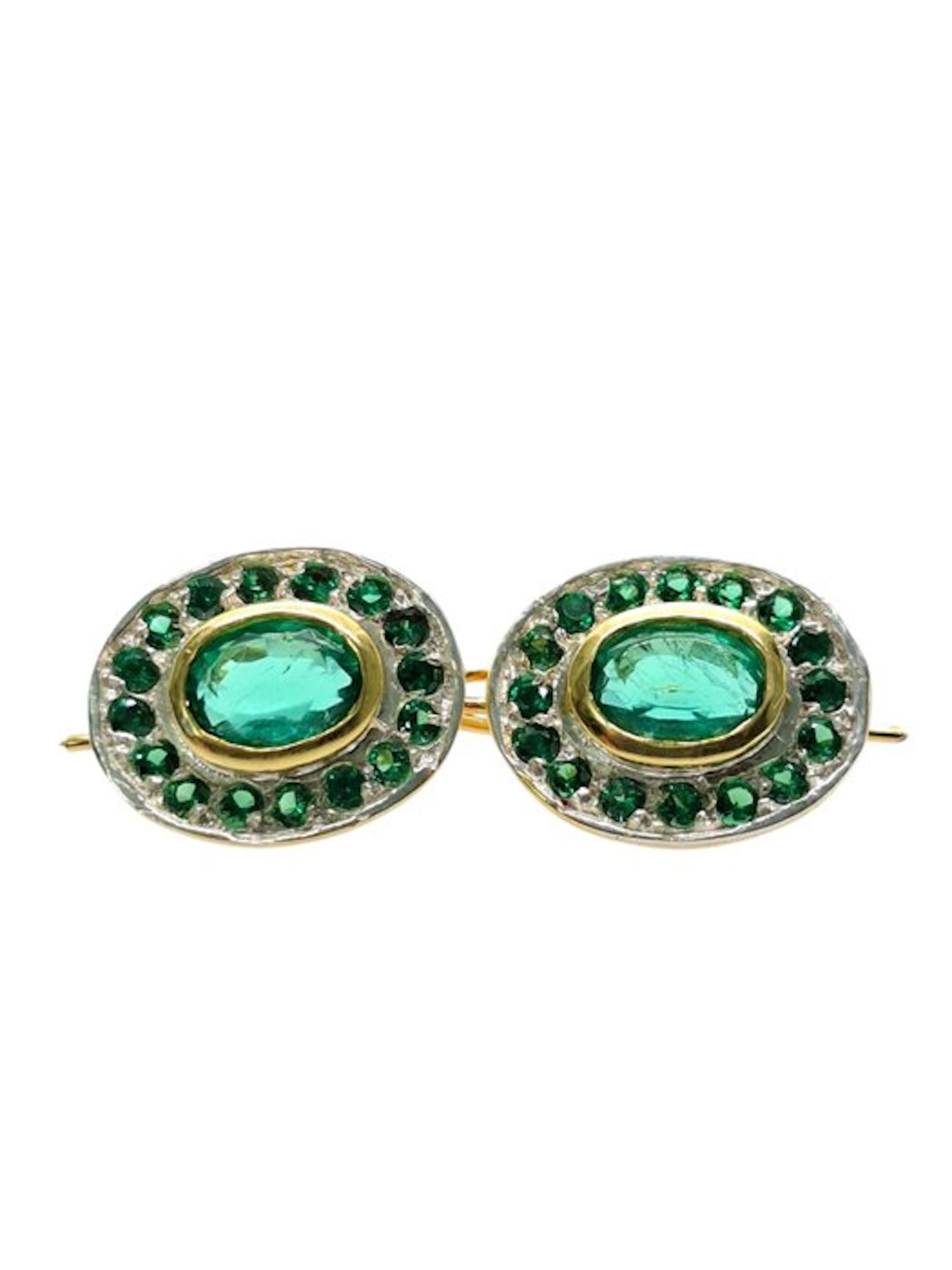 No reserve price - Earrings - 9 kt. Silver, Yellow gold Emerald - Emerald