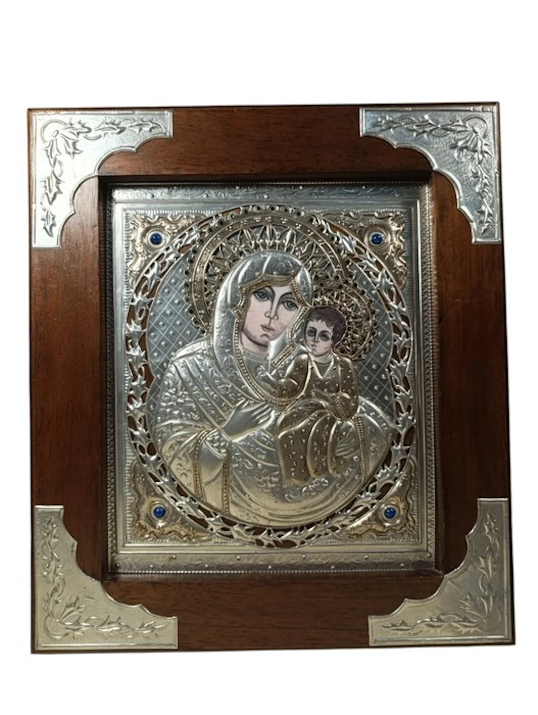 Icon - Mother of God - Metal, stones, Wood, Silverplated - 36 x 41 cm