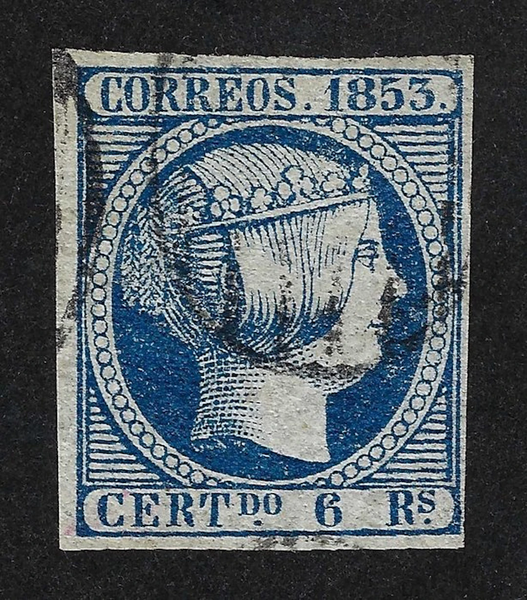 Spain 1853 - Isabel II 6r Azul - Certificado CEM - Edifil Nº 21