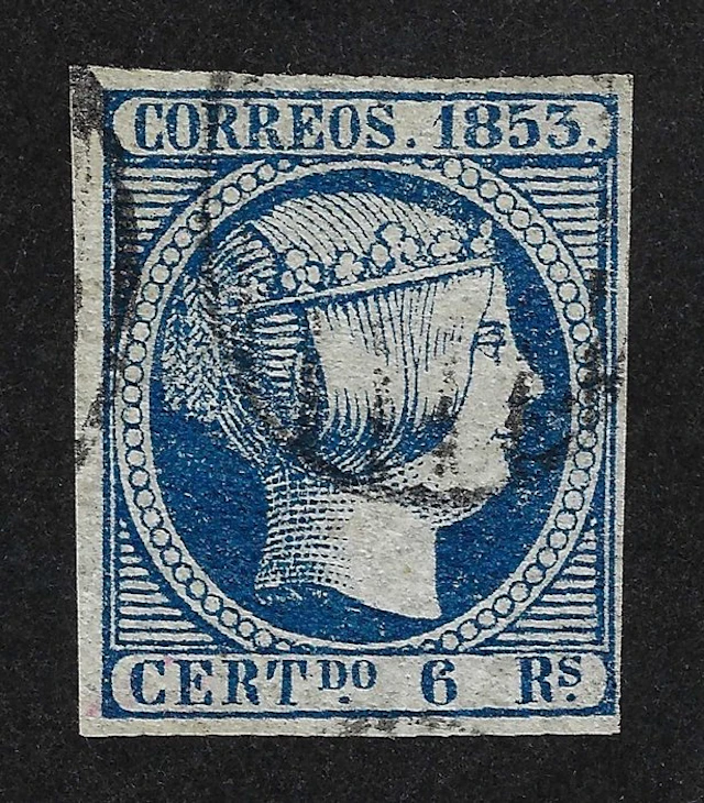 Spain 1853 - Isabel II 6r Azul - Certificado CEM - Edifil Nº 21