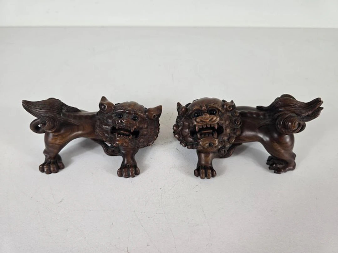 Klassieke set Japanse Komainu - Sculpture - Boxwood - Japan