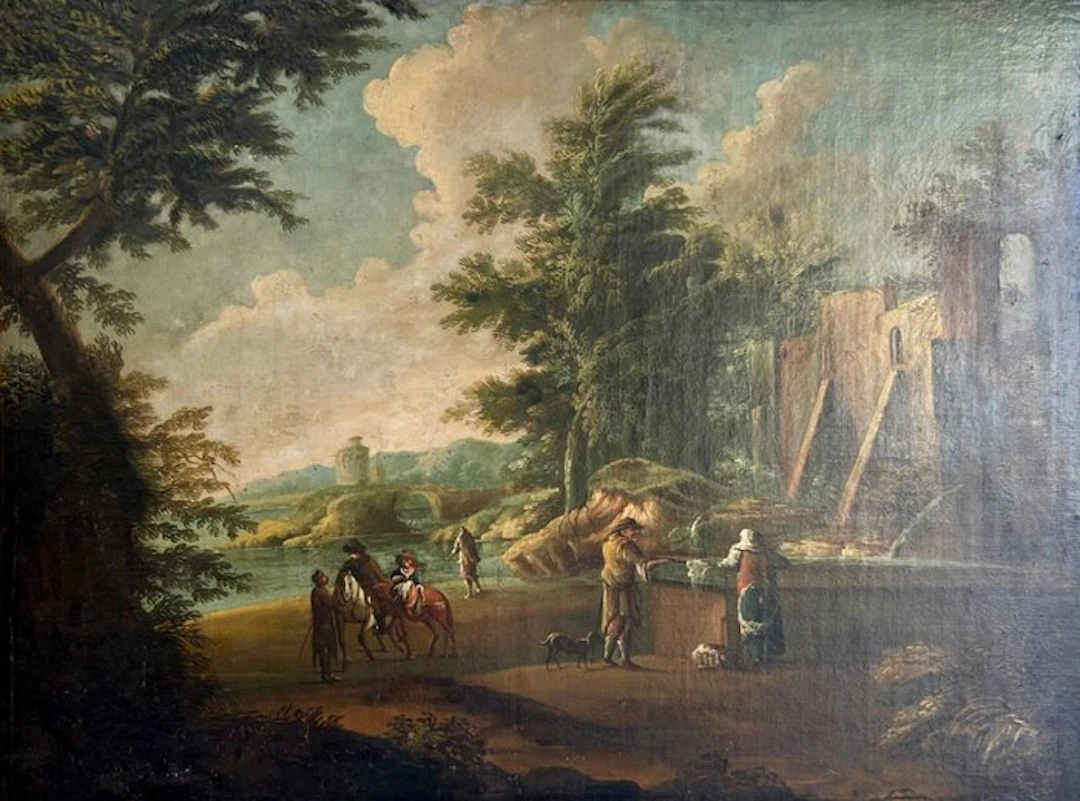 Scuola napoletana (XVIII-XIX) - Grande paesaggio fluviale...