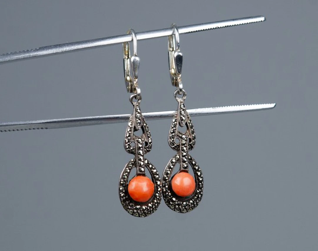 - 925 silver - natural coral - marcasite - Earrings