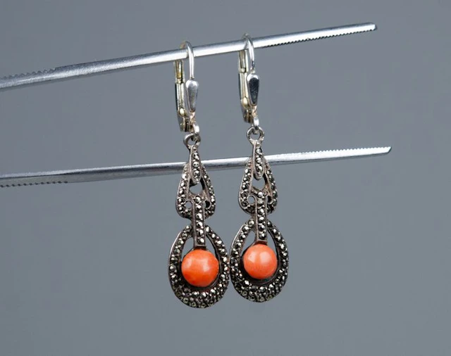 - 925 silver - natural coral - marcasite - Earrings