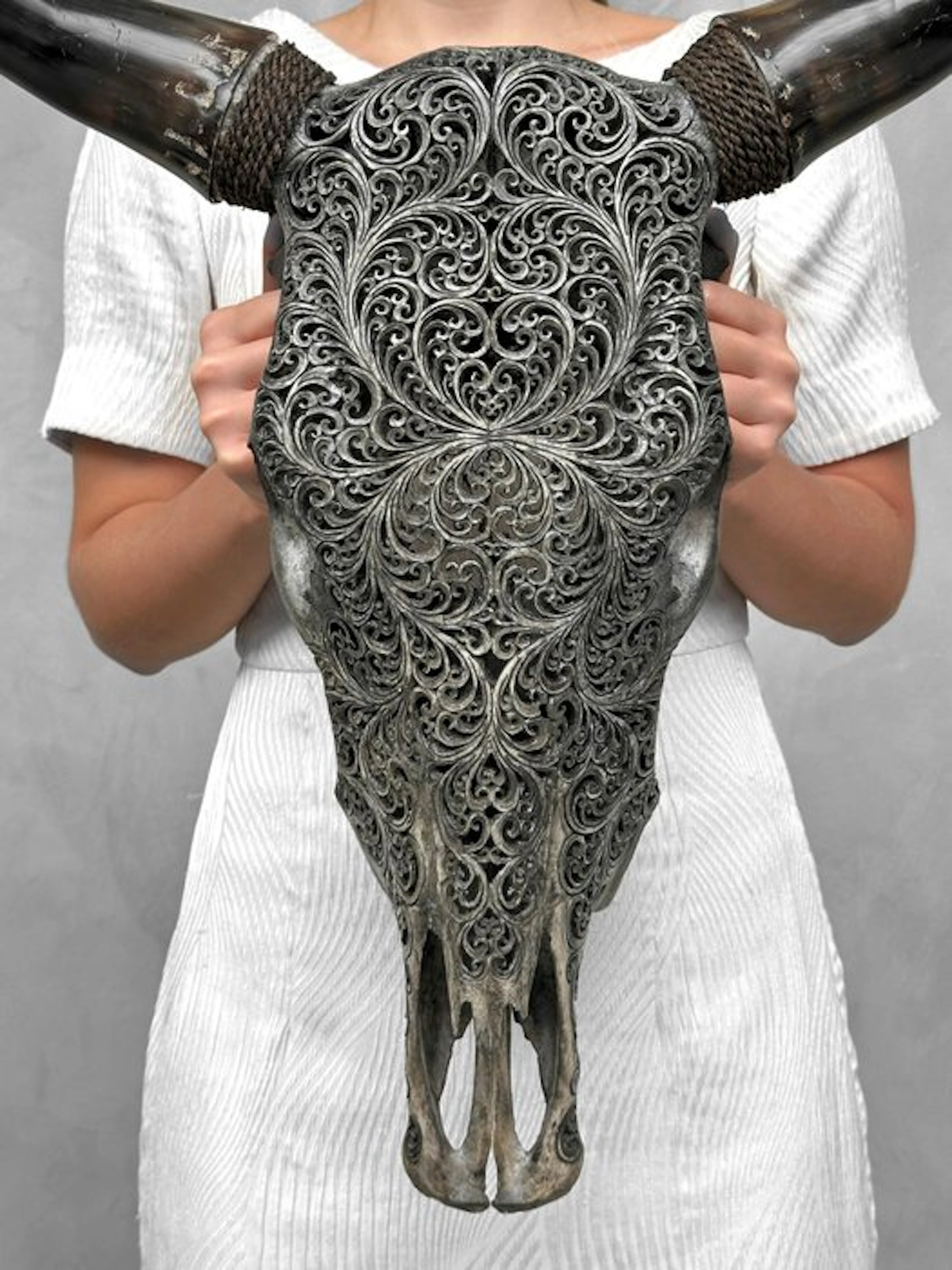NO RESERVE PRICE - Authentic Large Grey- Hand Carved Bull...