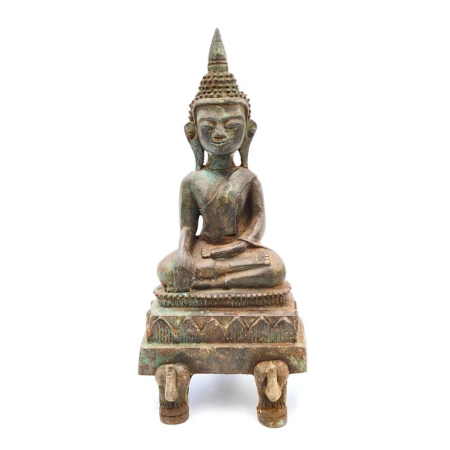 Ancient Indochinese Bronze XL Sitting Buddha Statue Altar Idol Talisman