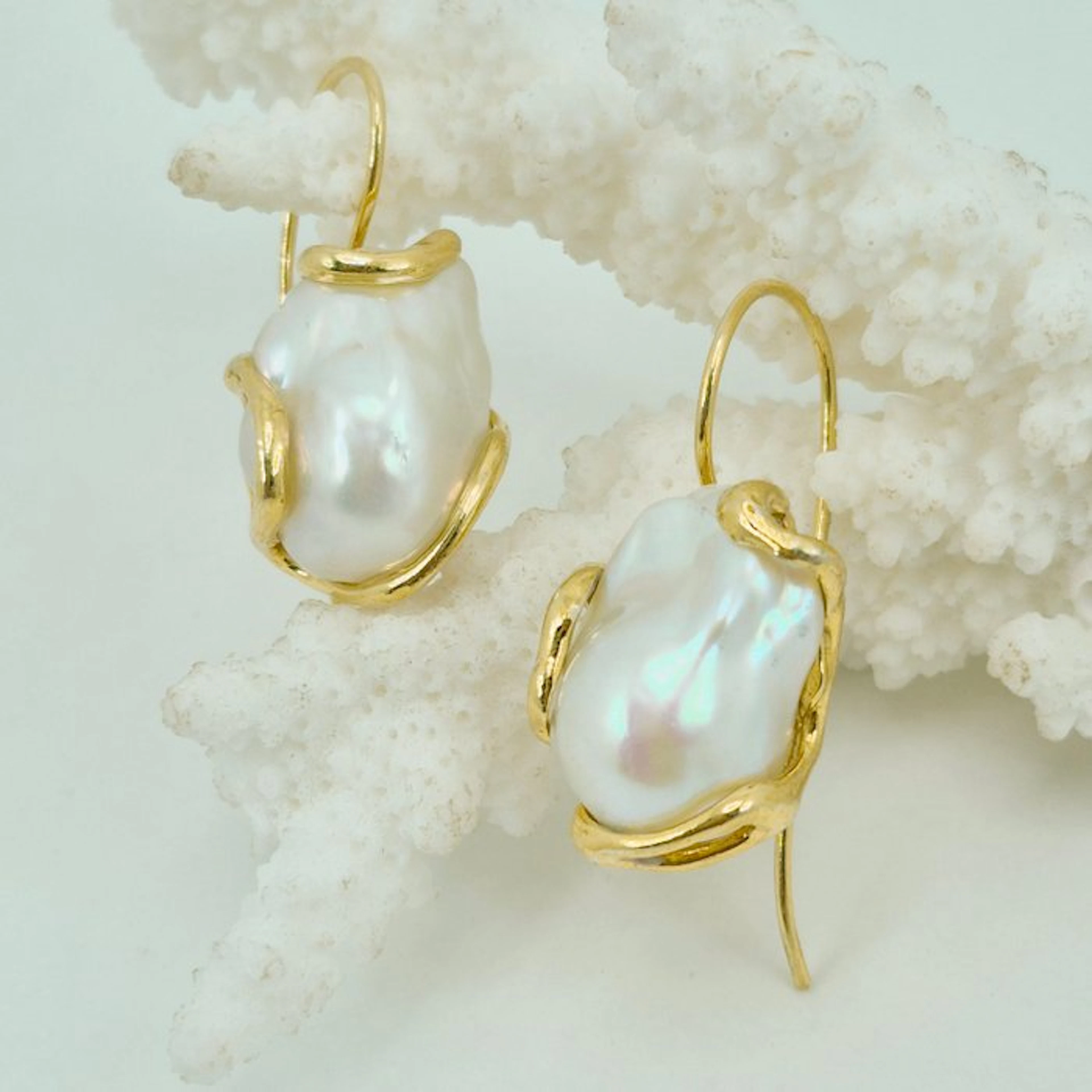 Silver, Gold-plated - Earrings - Baroque cultured pearls
