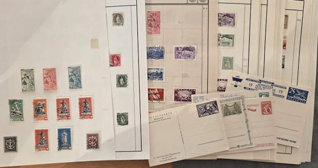 Switzerland - e521) 1900-1965 Stamps + Airmail + Postcards on 20 photos