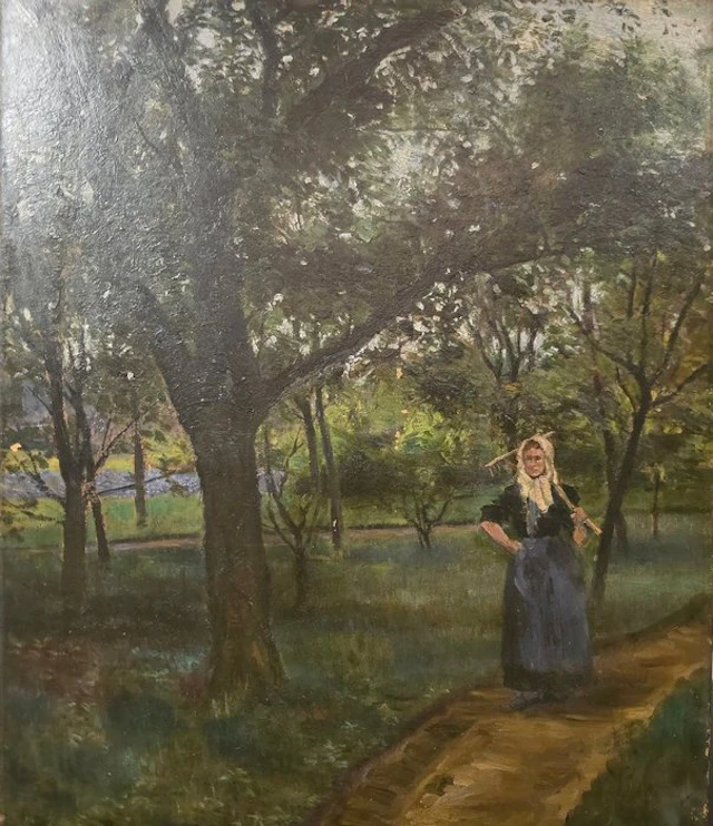 Heinrich von Zügel (1850–1941), zugeschrieben - Bäuerin mit Rechen im Obsthain