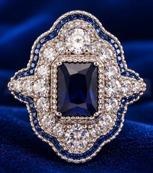 Art Deco style 925 Sterling Silver Blue Sapphire Crystal Ring - Ring