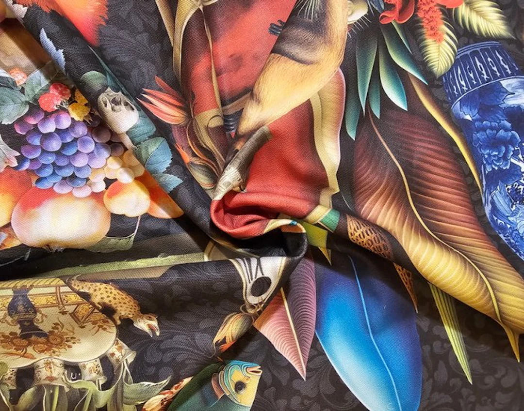 FABRIC "Vases Paradise" with monkeys and flamingos...