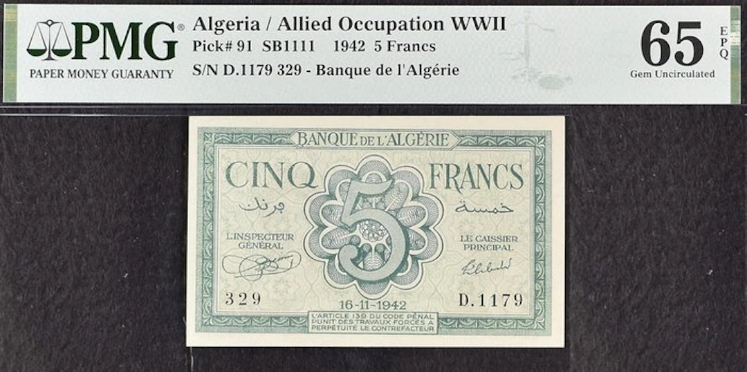 Algeria. - 5 Francs - 1942 - PMG 65 EPQ - Pick 91 (No reserve price)