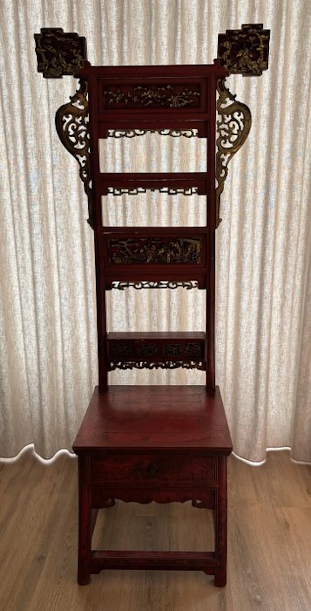 An antique Chinese red lacquer and gilded washbasin stand...