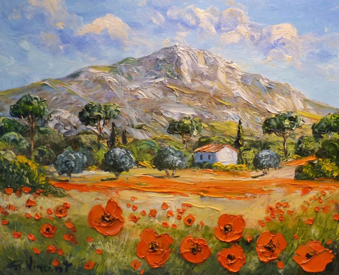 R. Vincent (1954) - Coquelicots devant la montagne Sainte...