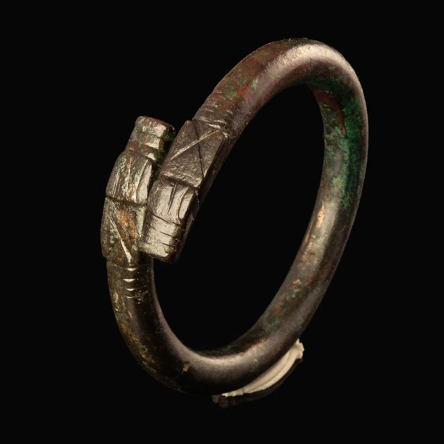 Viking Era Bronze Bracelet, 'Sköll and Hati' Wolf Heads