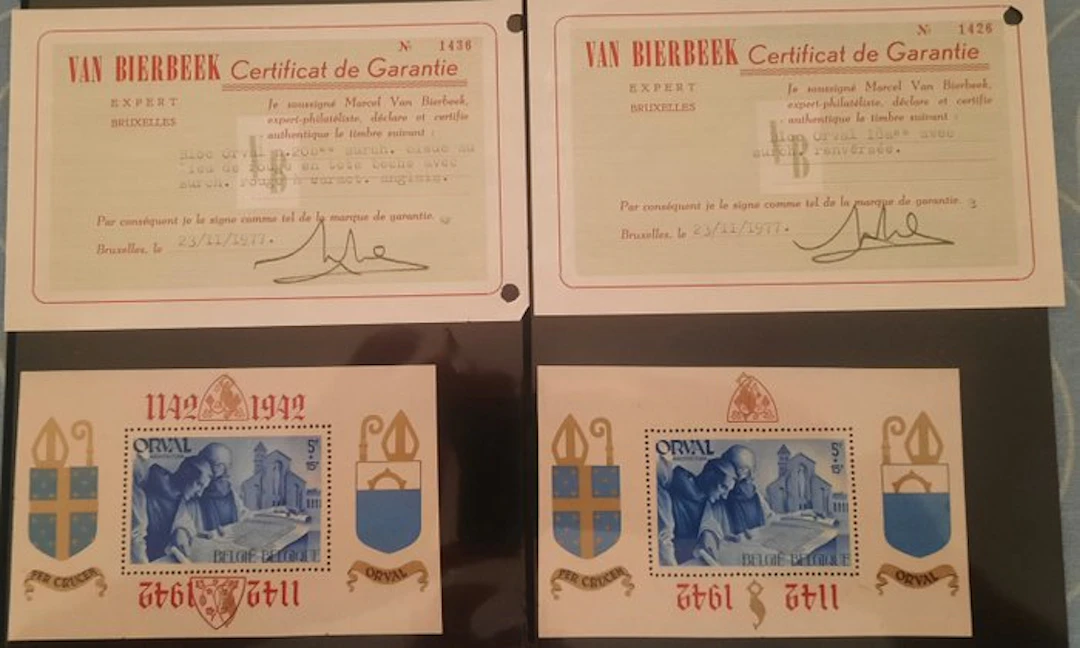 Belgium 1942 - Set of four commemorative Orval blocks with certificate.