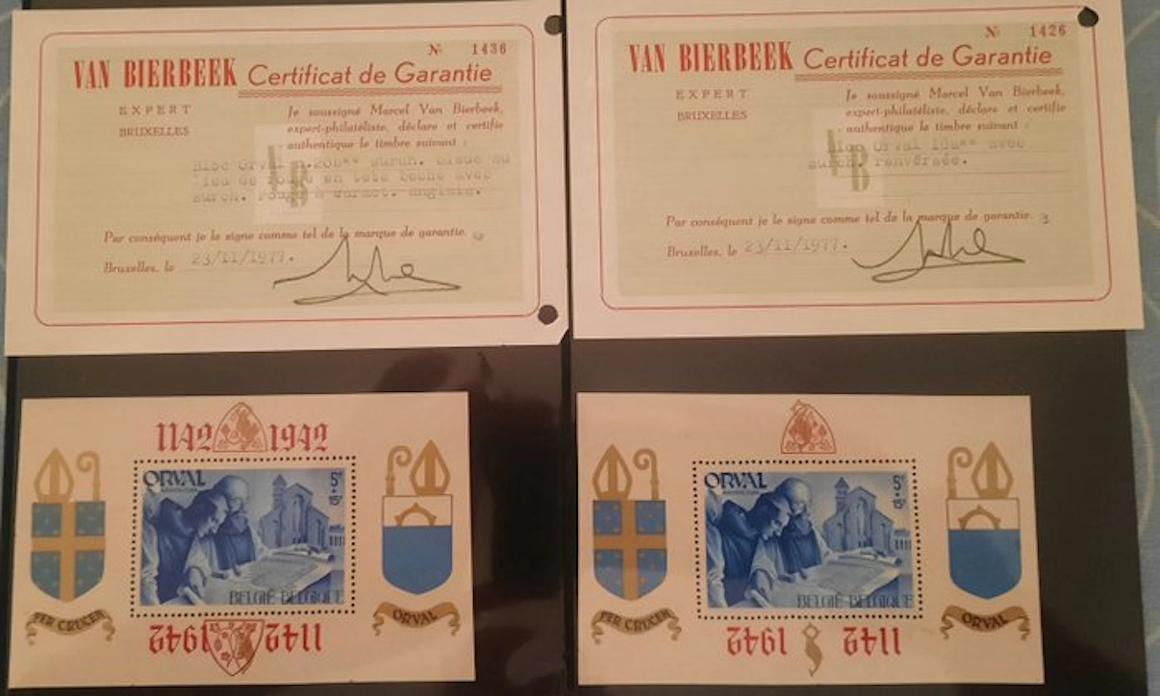 Belgium 1942 - Set of four commemorative Orval blocks with certificate.