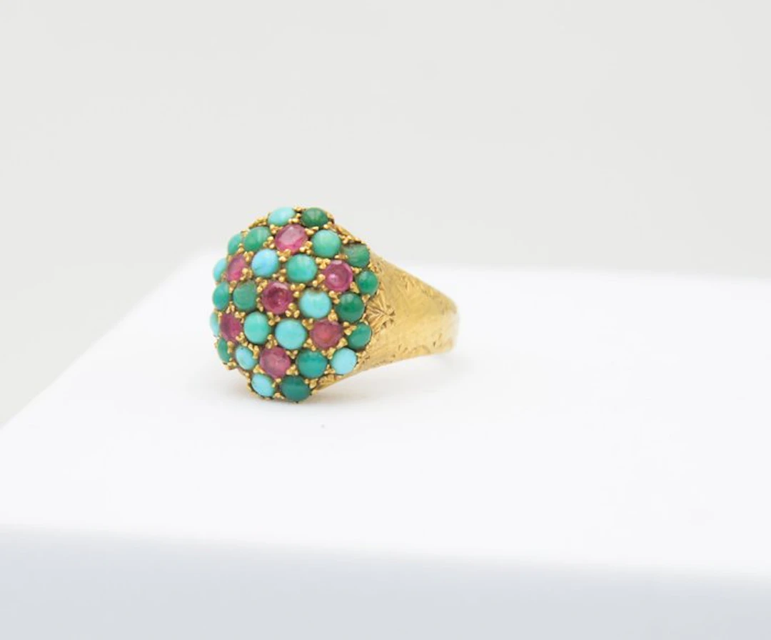 Ring - 18 kt. Yellow gold Ruby - Turquoise