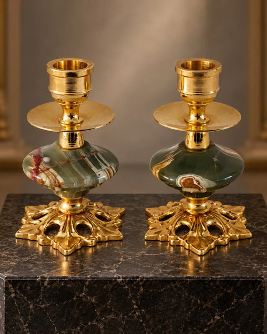 Candlestick (2) - Onyx, Brass, Gold plated - Luxury onyx classics