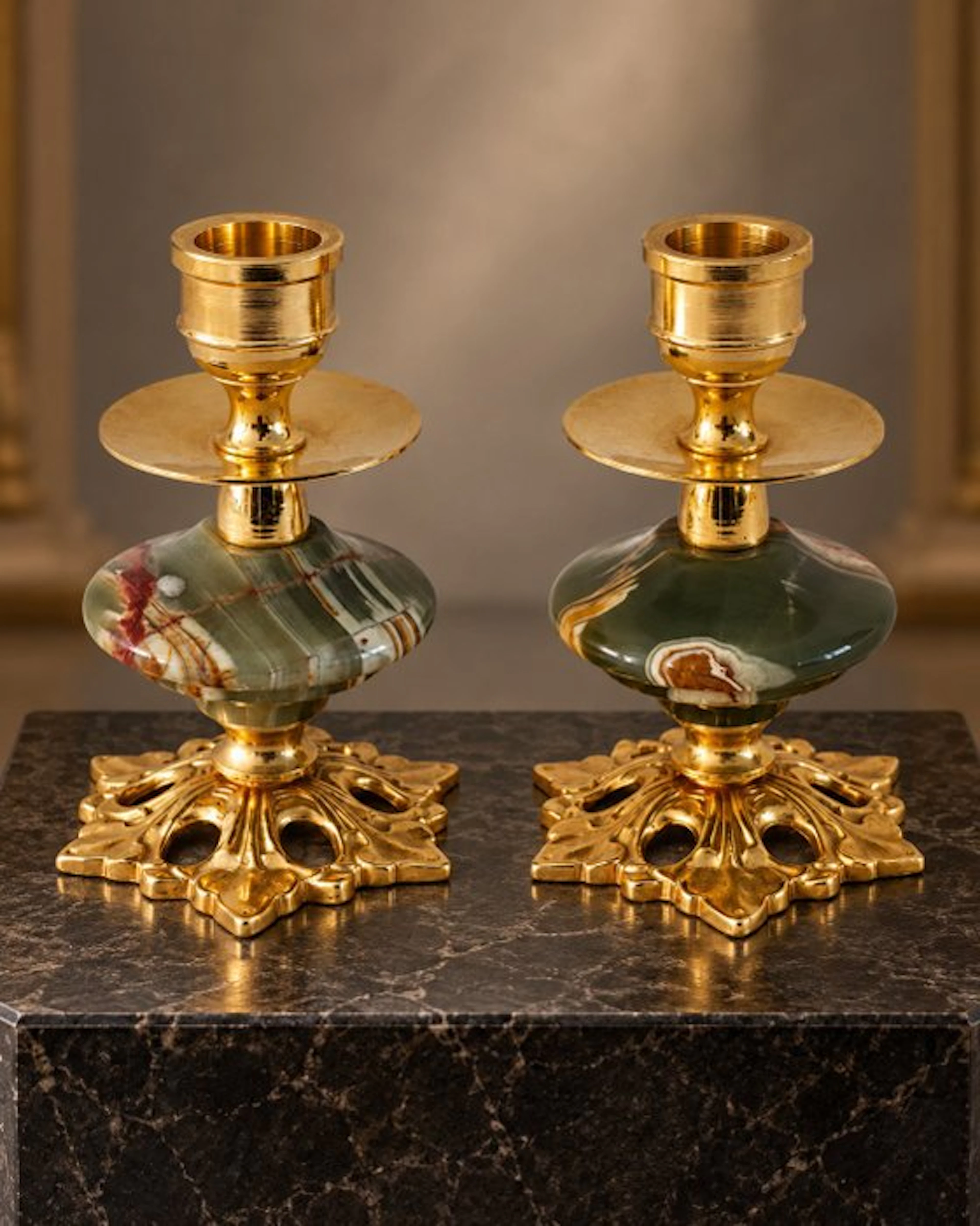Candlestick (2) - Onyx, Brass, Gold plated - Luxury onyx classics