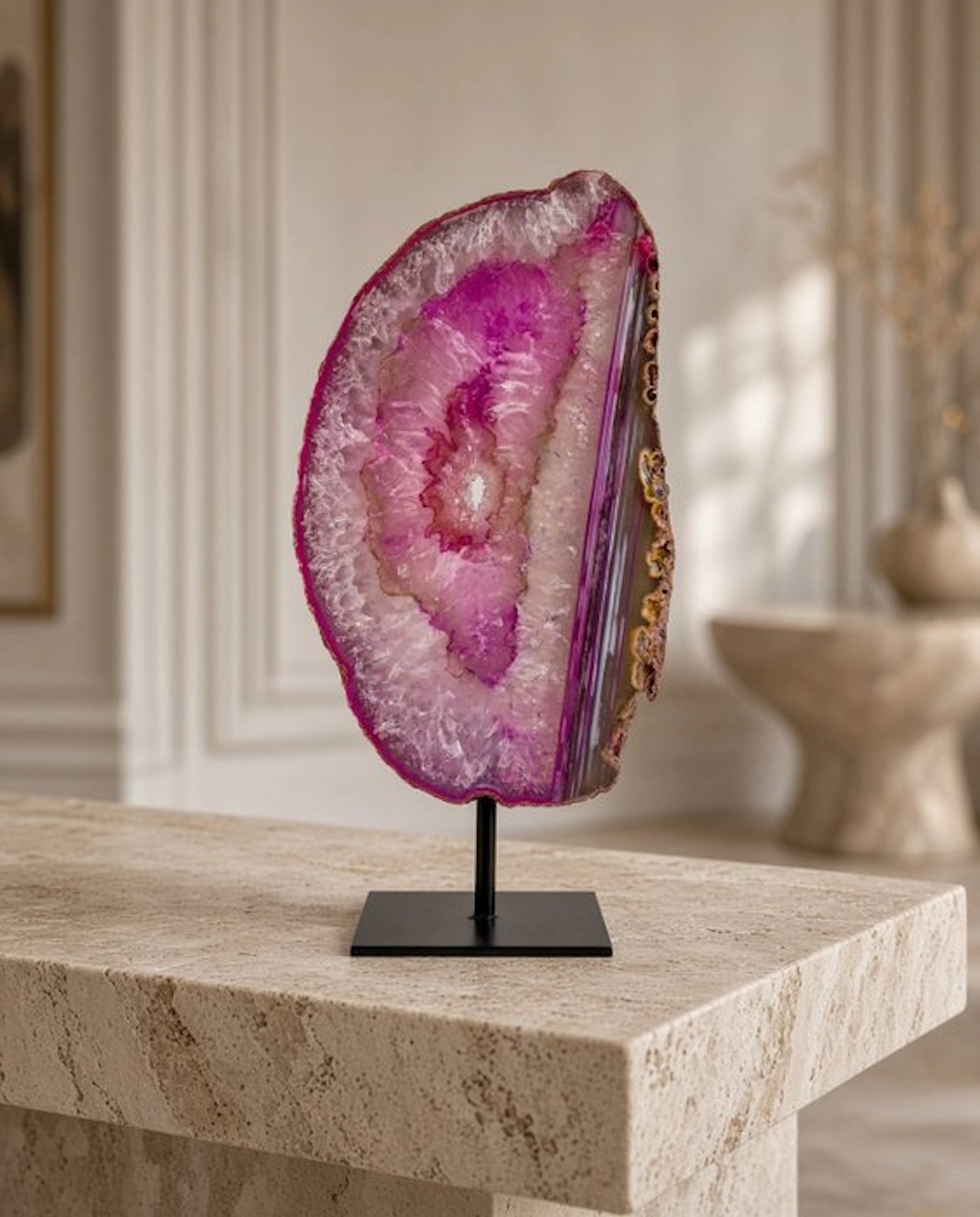 Agate - pink rock crystal geode on stand Geode - Height...