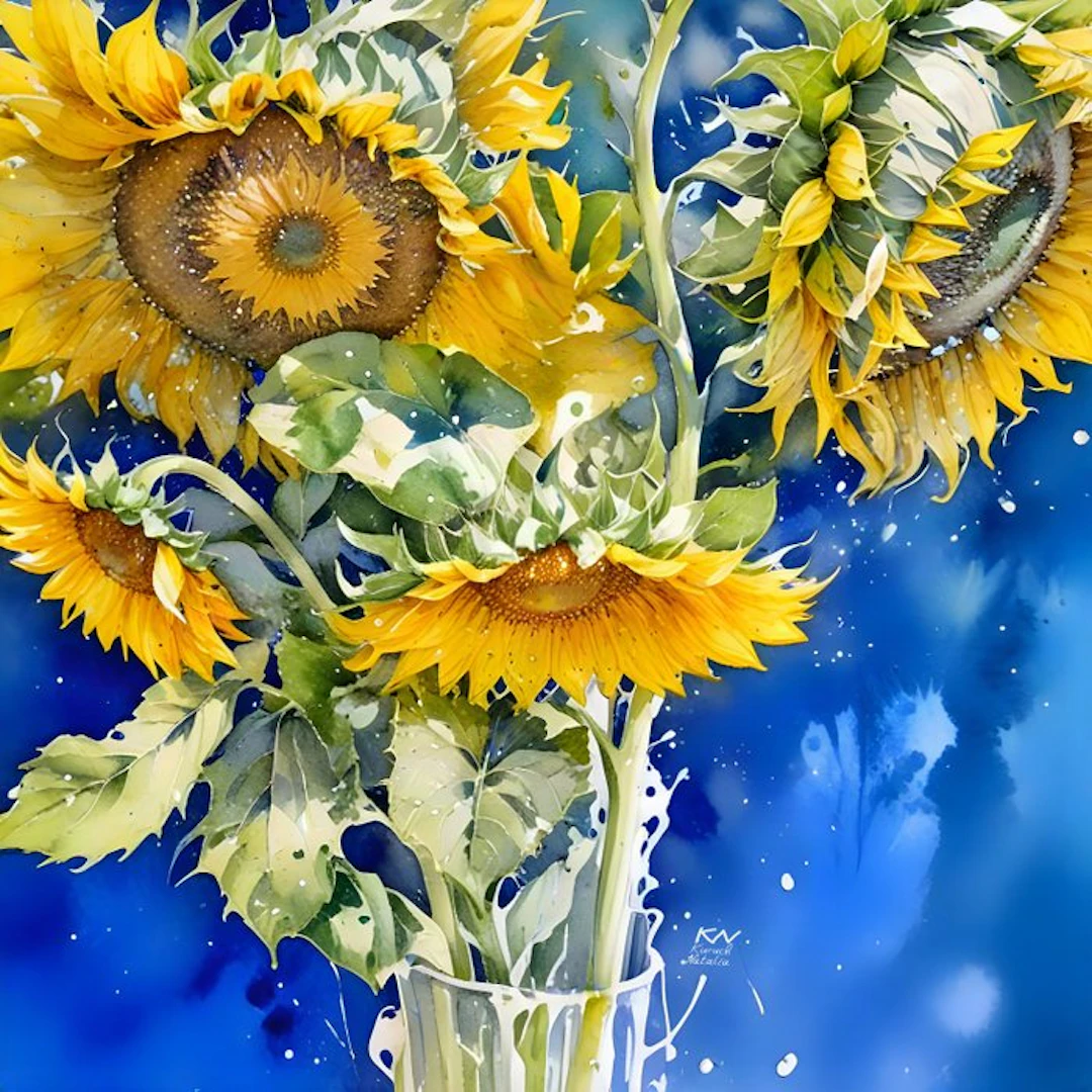 Natalia Kuruch (XXI) - Sunflowers on a Blue Background