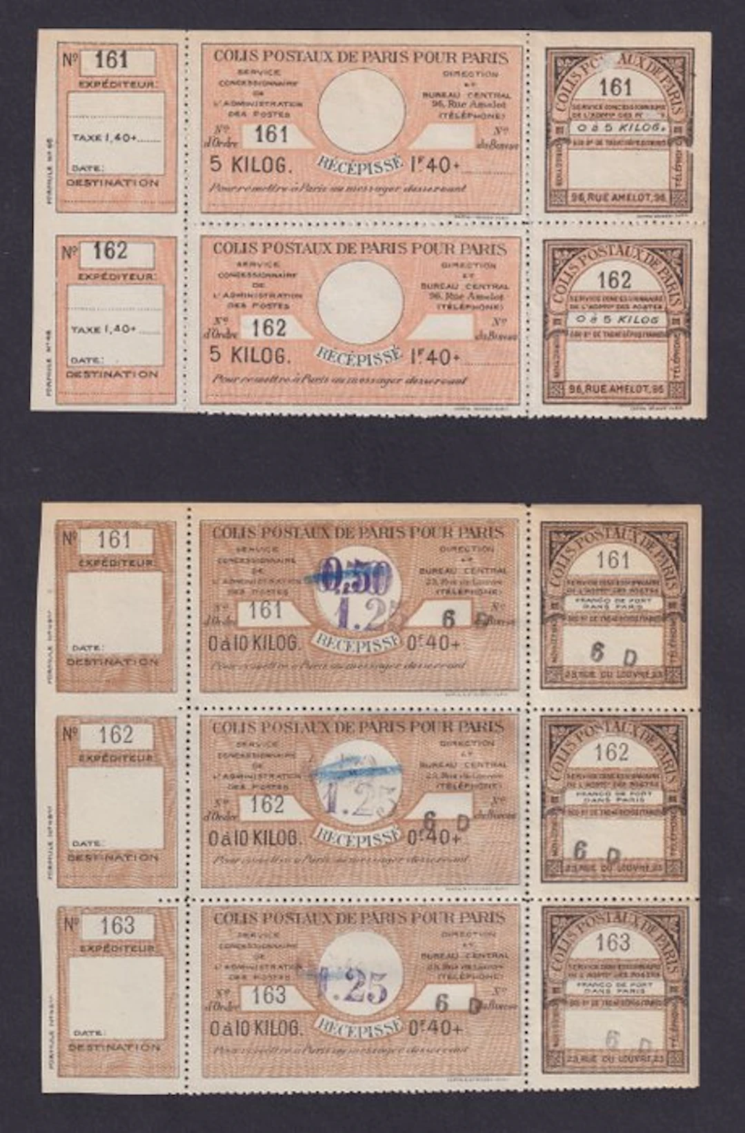 France 1930 - Two blocks: three and two complete Colis Postaux de Paris forms