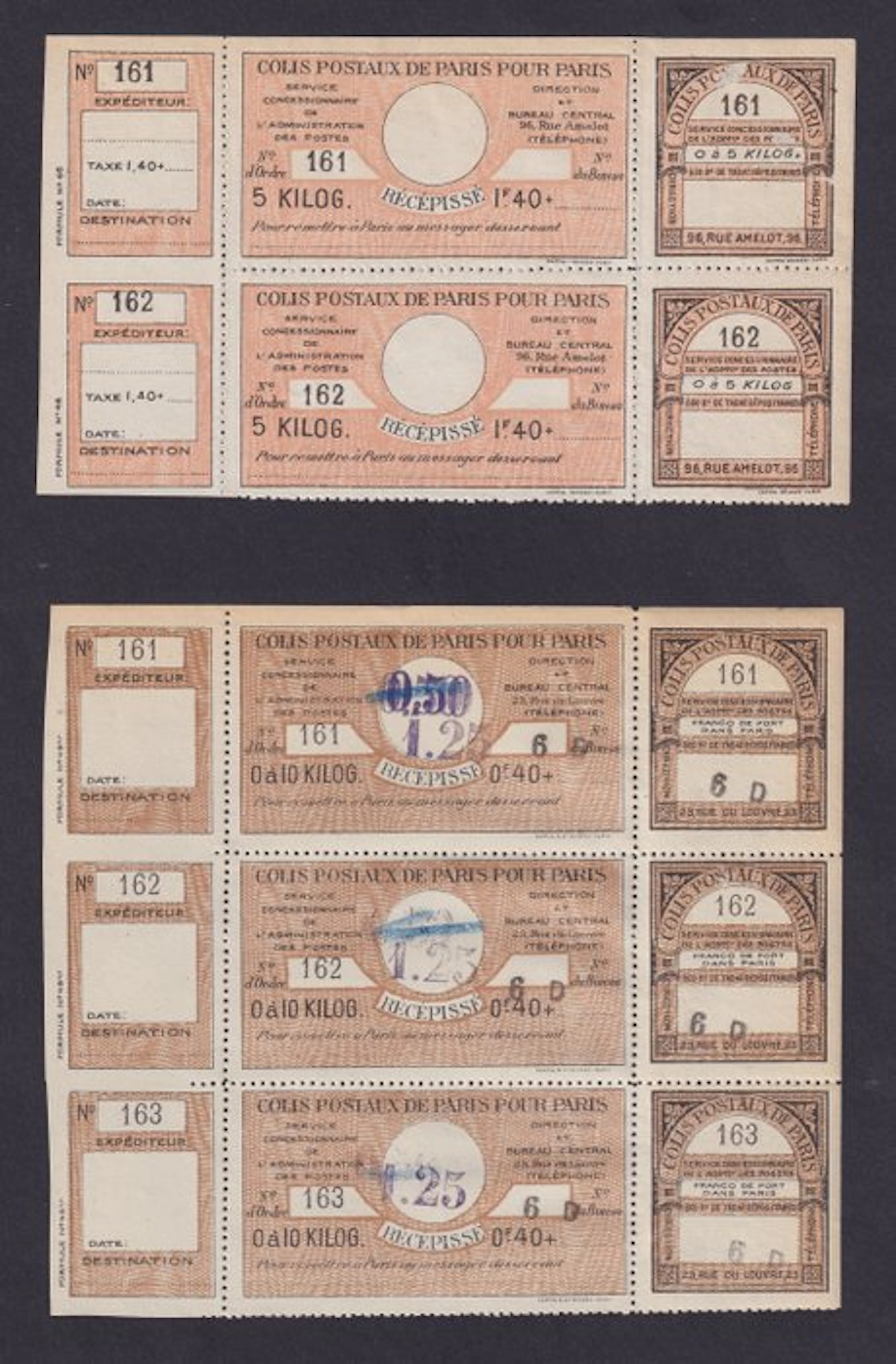 France 1930 - Two blocks: three and two complete Colis Postaux de Paris forms