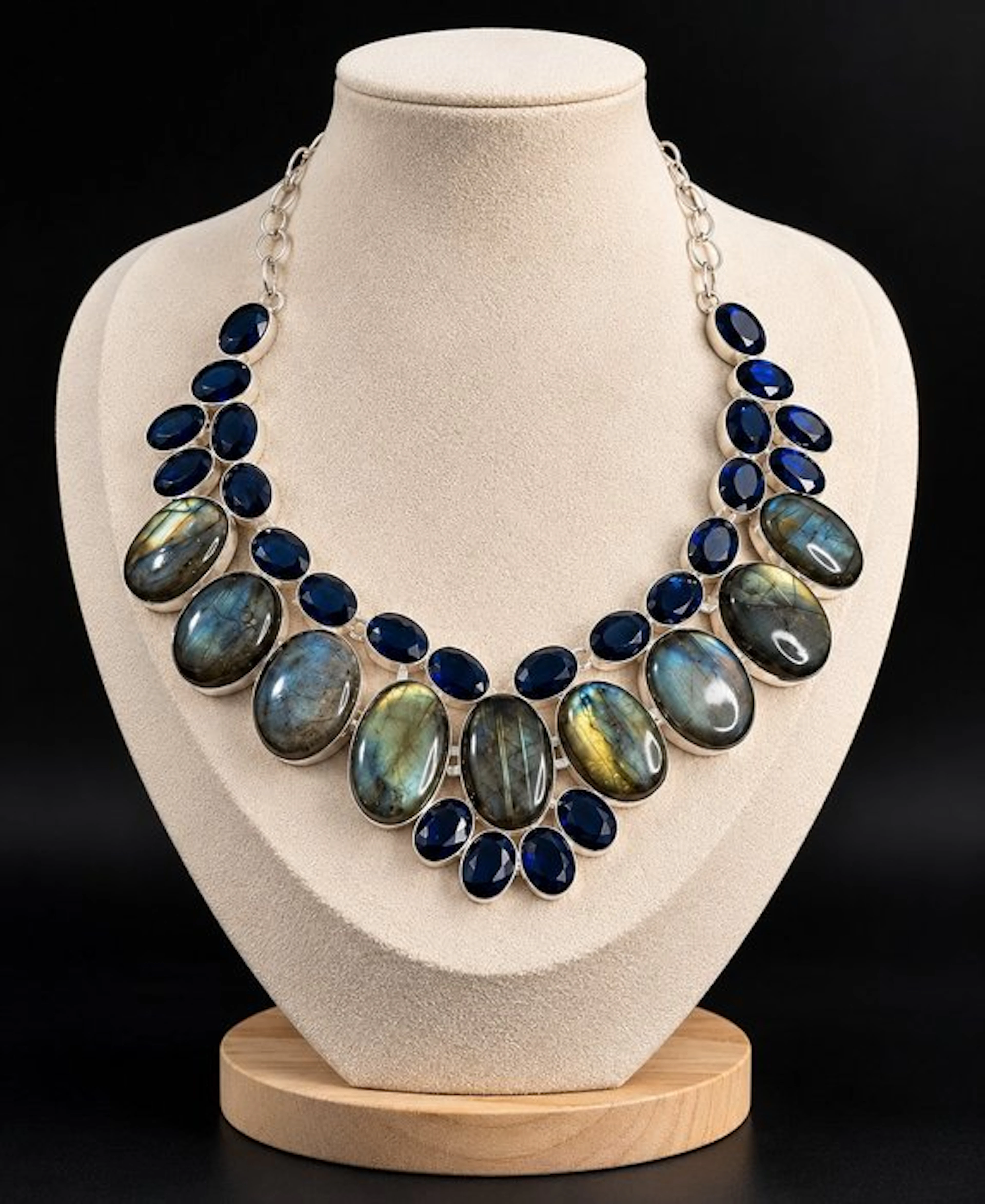 Artisanal Necklace of Natural Labradorite and Blue Topaz...