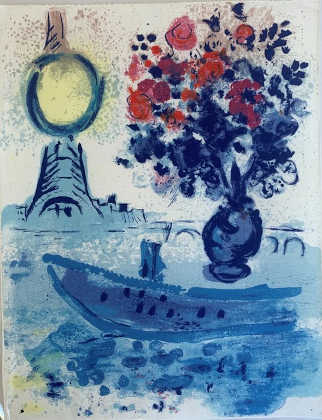 Marc Chagall (1887-1985) - Le Bateau Mouche au bouquet et à la Tour Eiffel