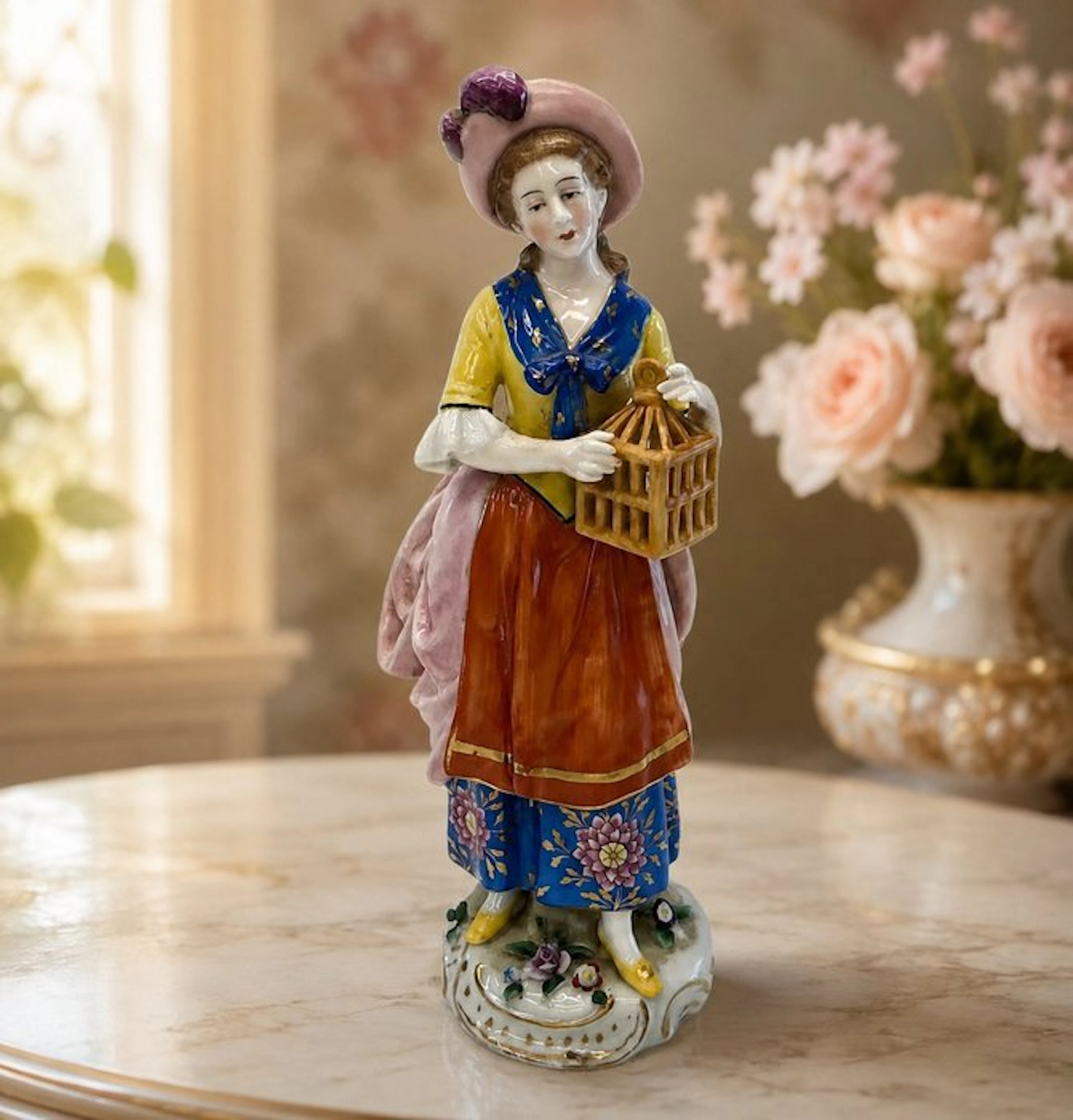 Decoratief porseleinen damesbeeld met vogelkooi – Chelsea-stijl – ca