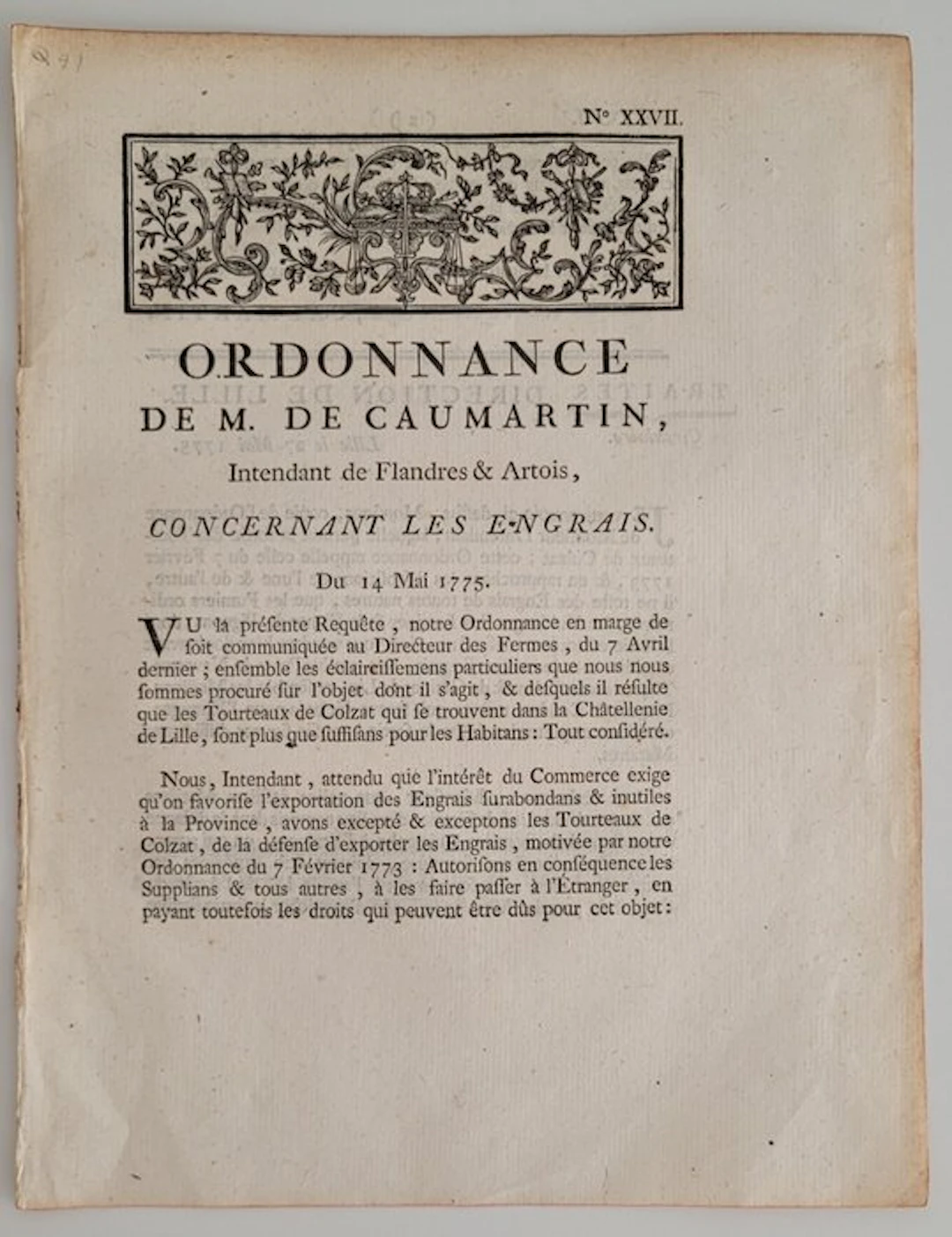 Document - Ordonnance de M. De Coumartin - Concernant les Engrais - 1775