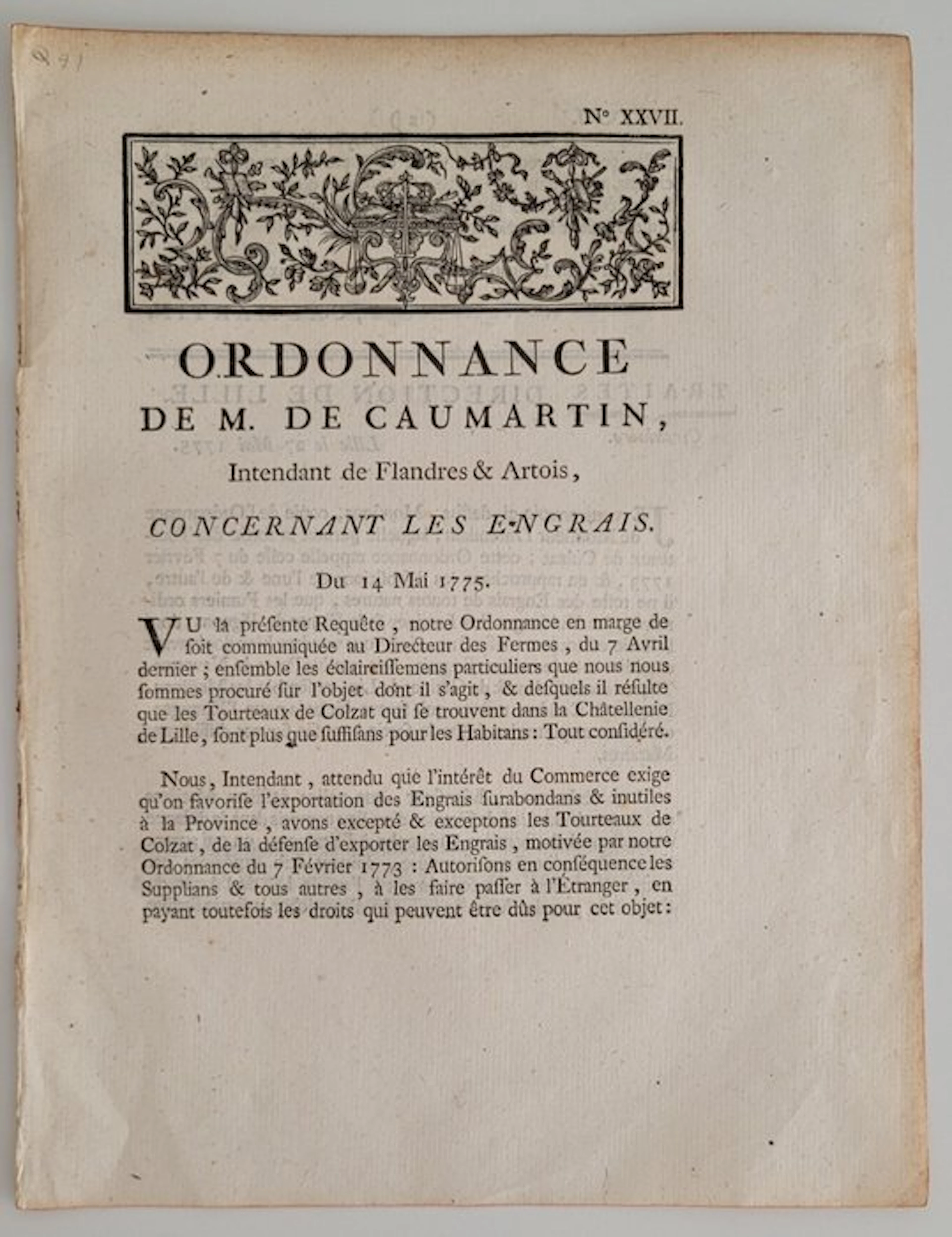 Document - Ordonnance de M. De Coumartin - Concernant les Engrais - 1775