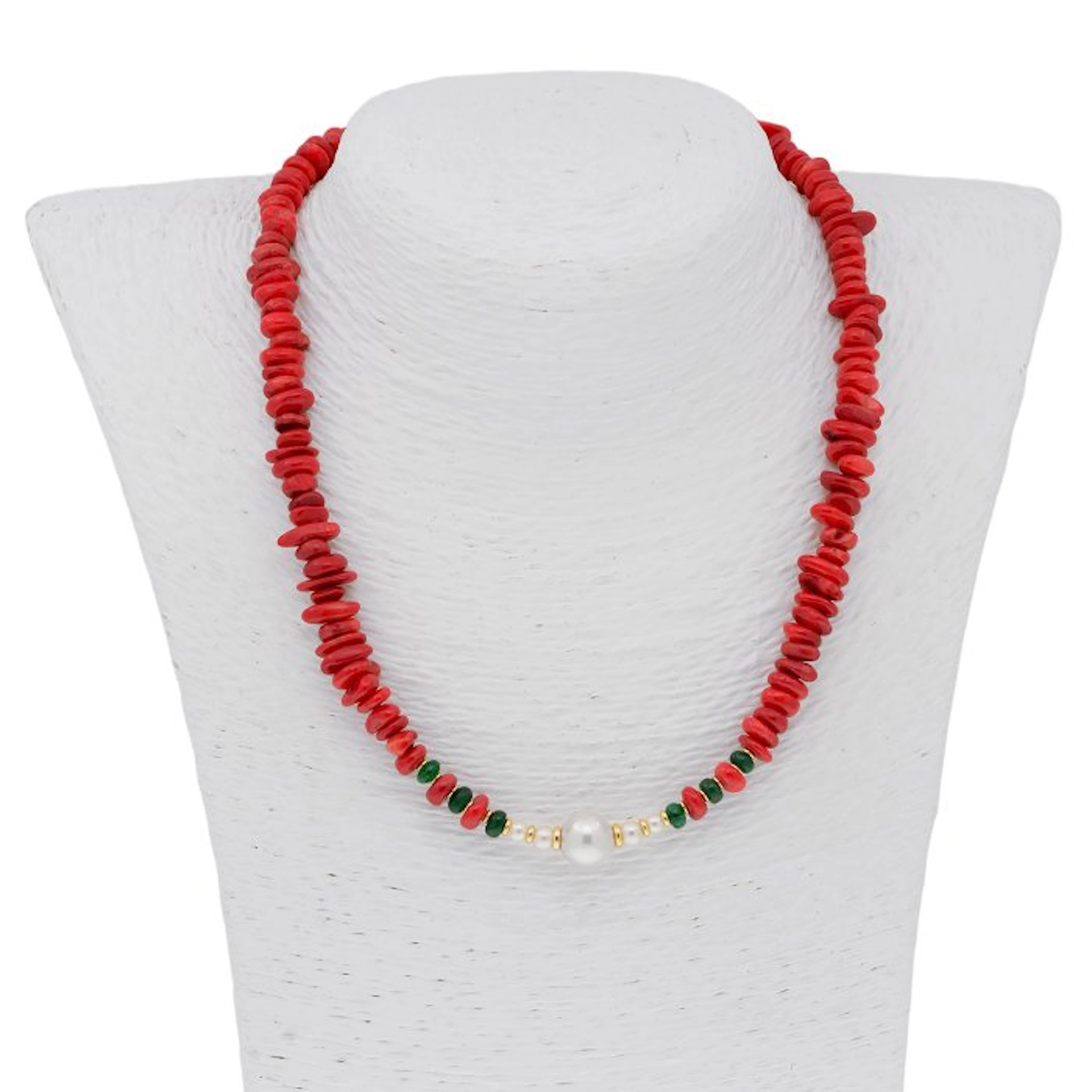 No reserve price - Necklace - 18 kt. Yellow gold Pearl - Coral - Emerald