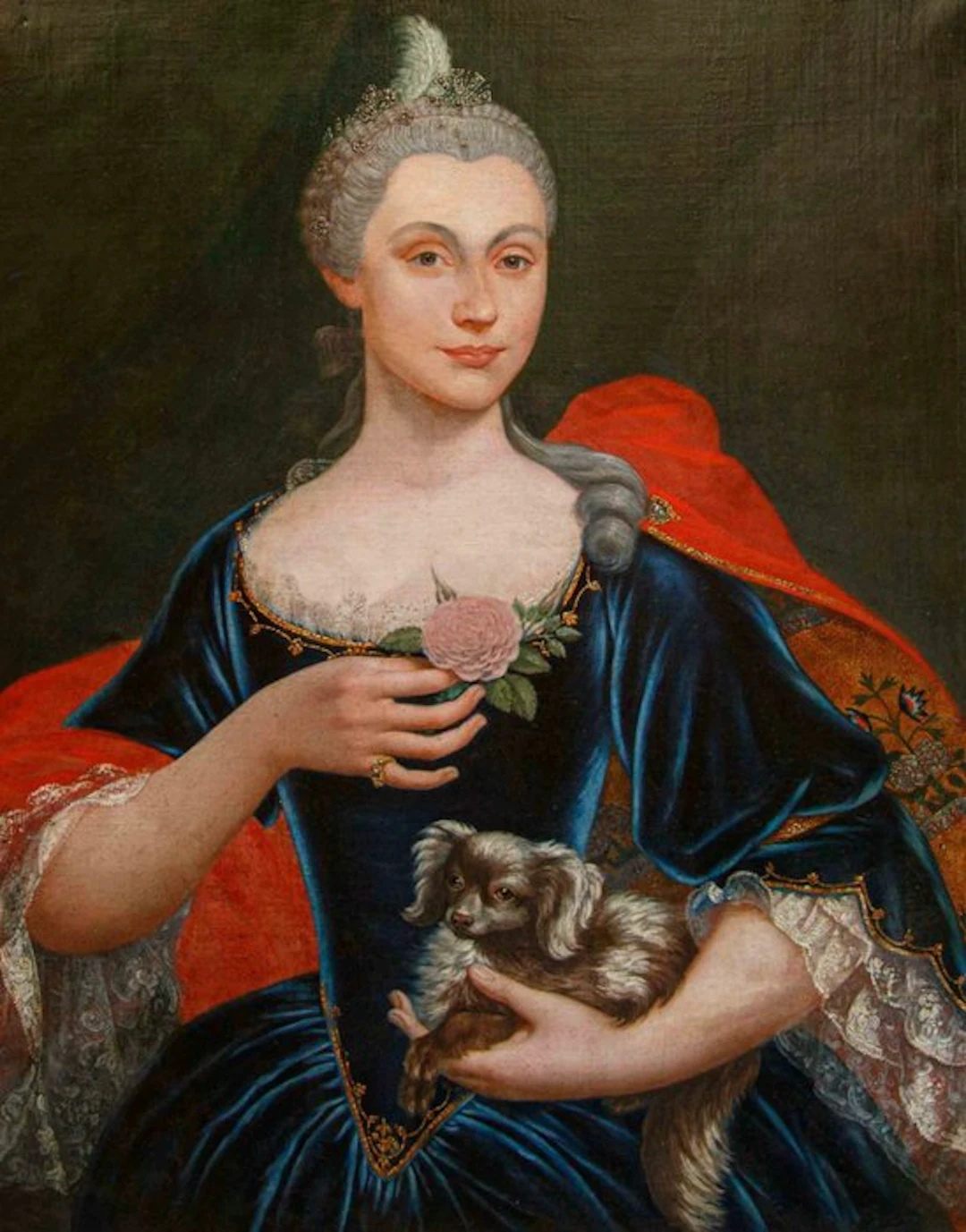 Scuola lombarda (XVIII) - Ritratto di dama con cagnolino e rosa