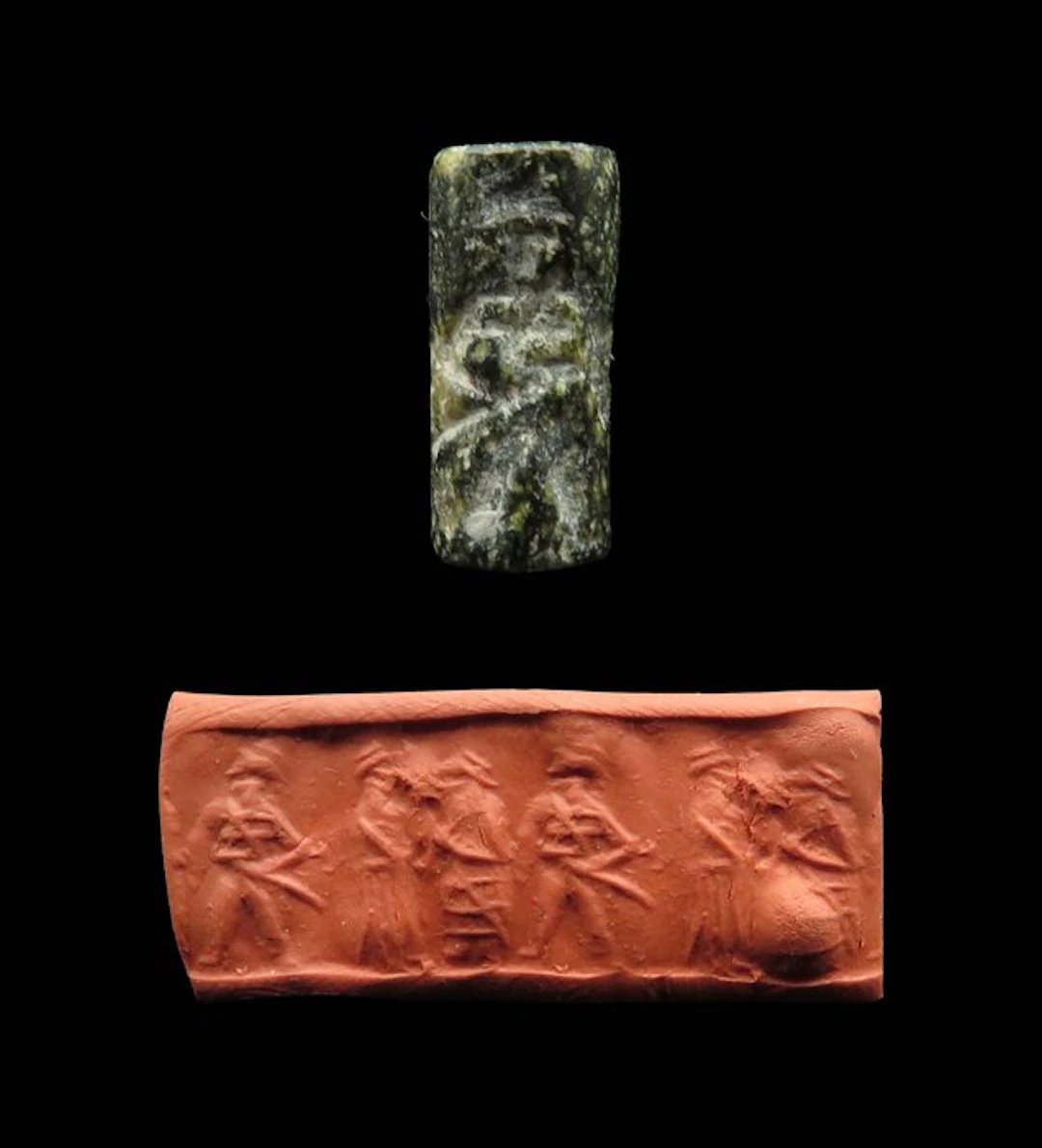 Neo-Babylonian Serpentine Cylinder Seal with Battle scene...