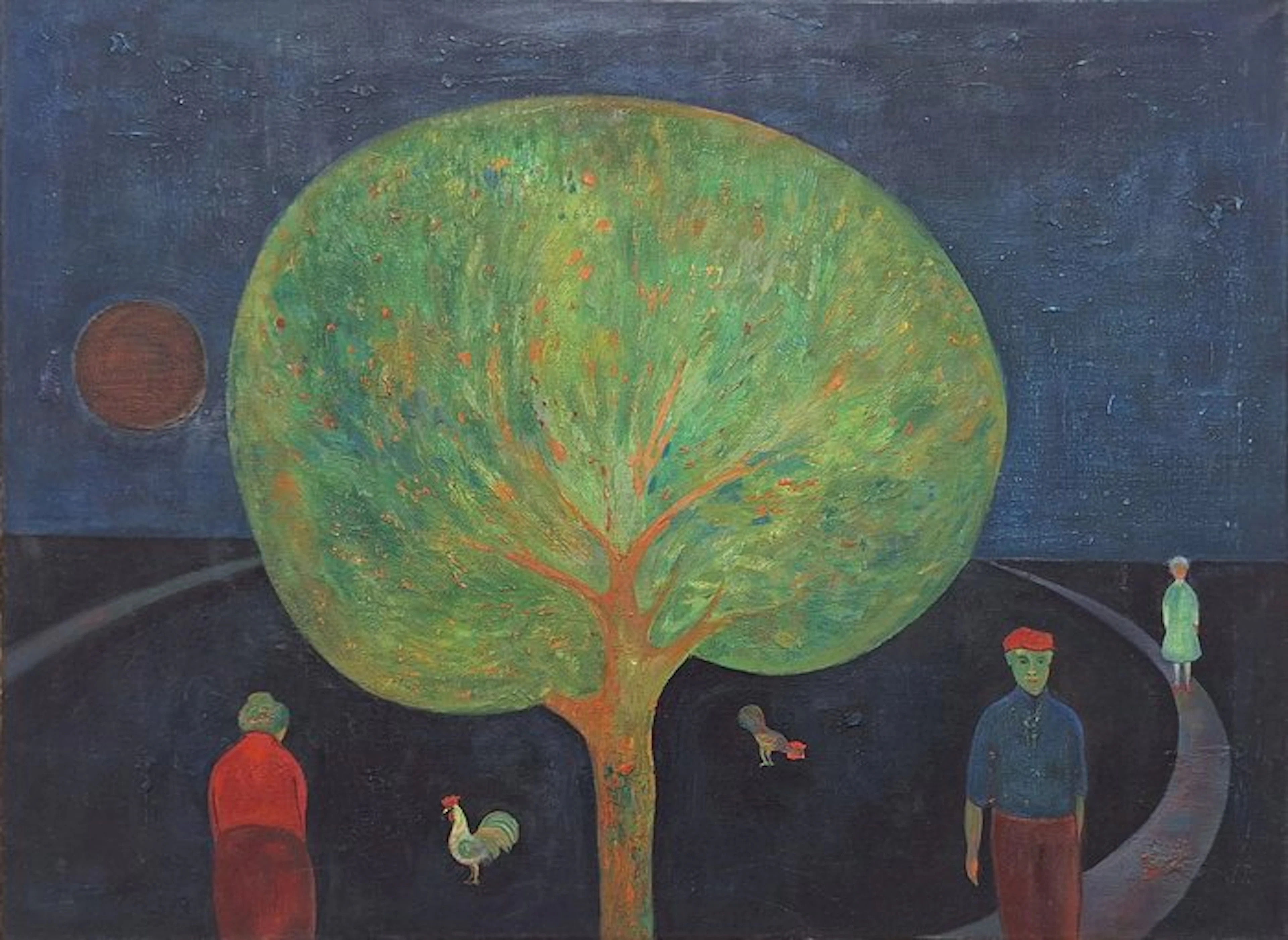 Dirk Cornelis Breed (1920-2004) - Landschap met boom, figuren en kippen