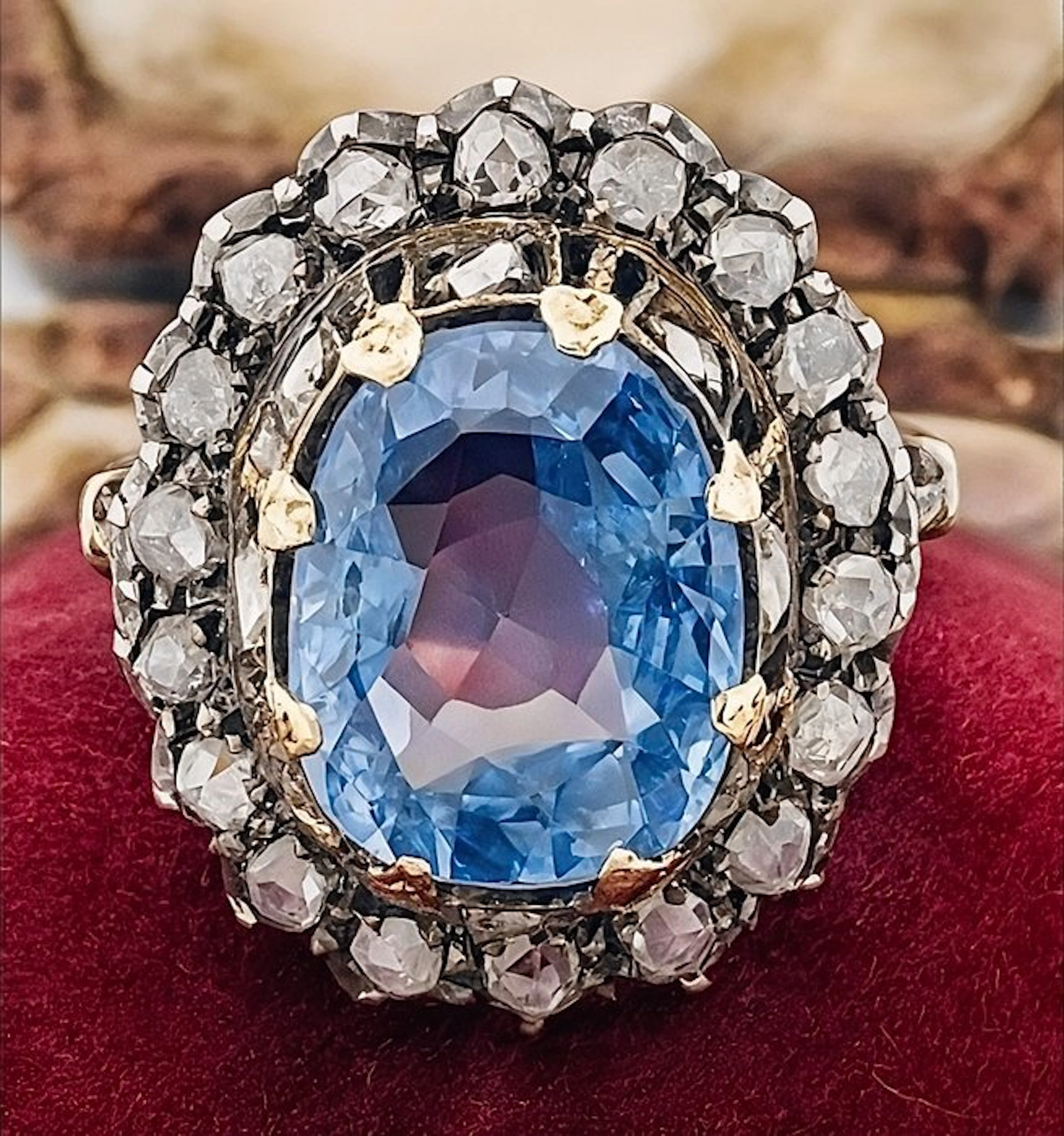 Ring - 18 kt. Yellow gold, Silver Sapphire - Diamond