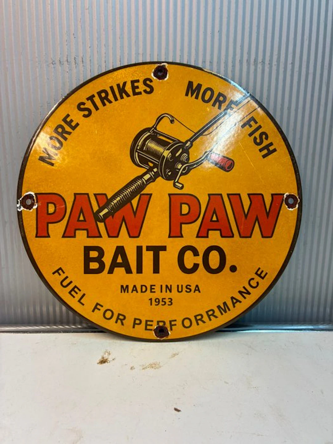 Paw Paw Bait Co. – Rond Emaille Reclamebord – Hengelsport - Enamel