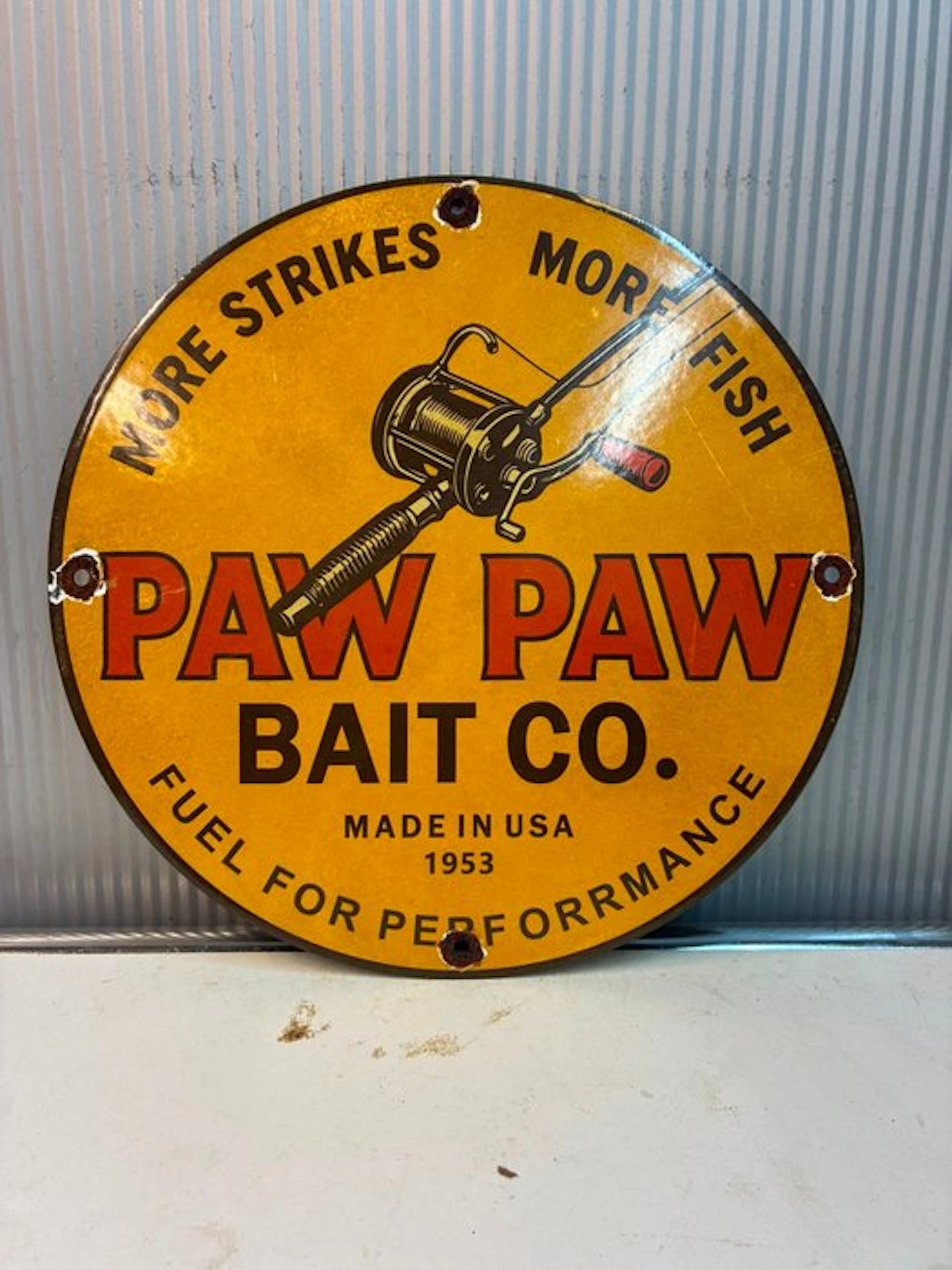Paw Paw Bait Co. – Rond Emaille Reclamebord – Hengelsport - Enamel