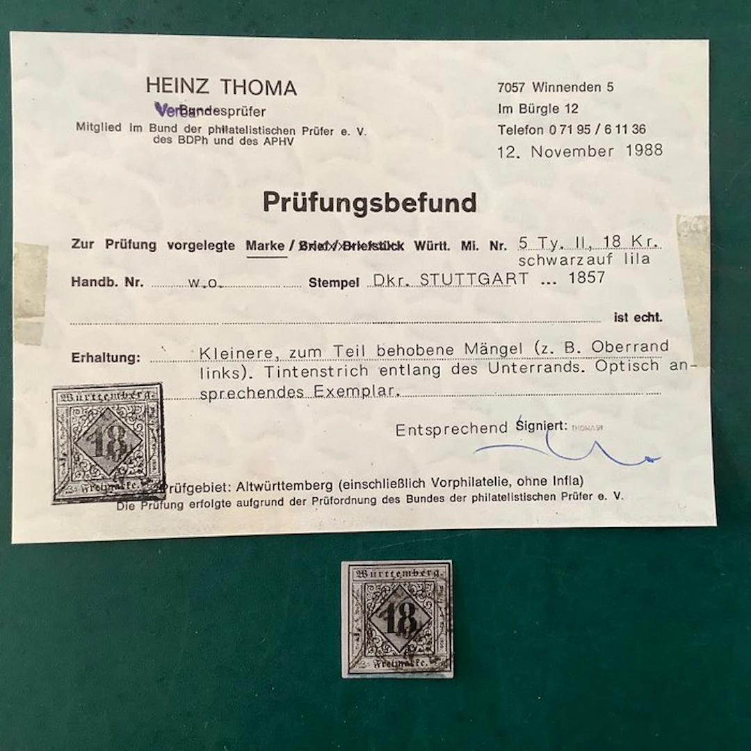 Württemberg 1851 - 18 kreuzer with certificate Thoma - Michel 5 II
