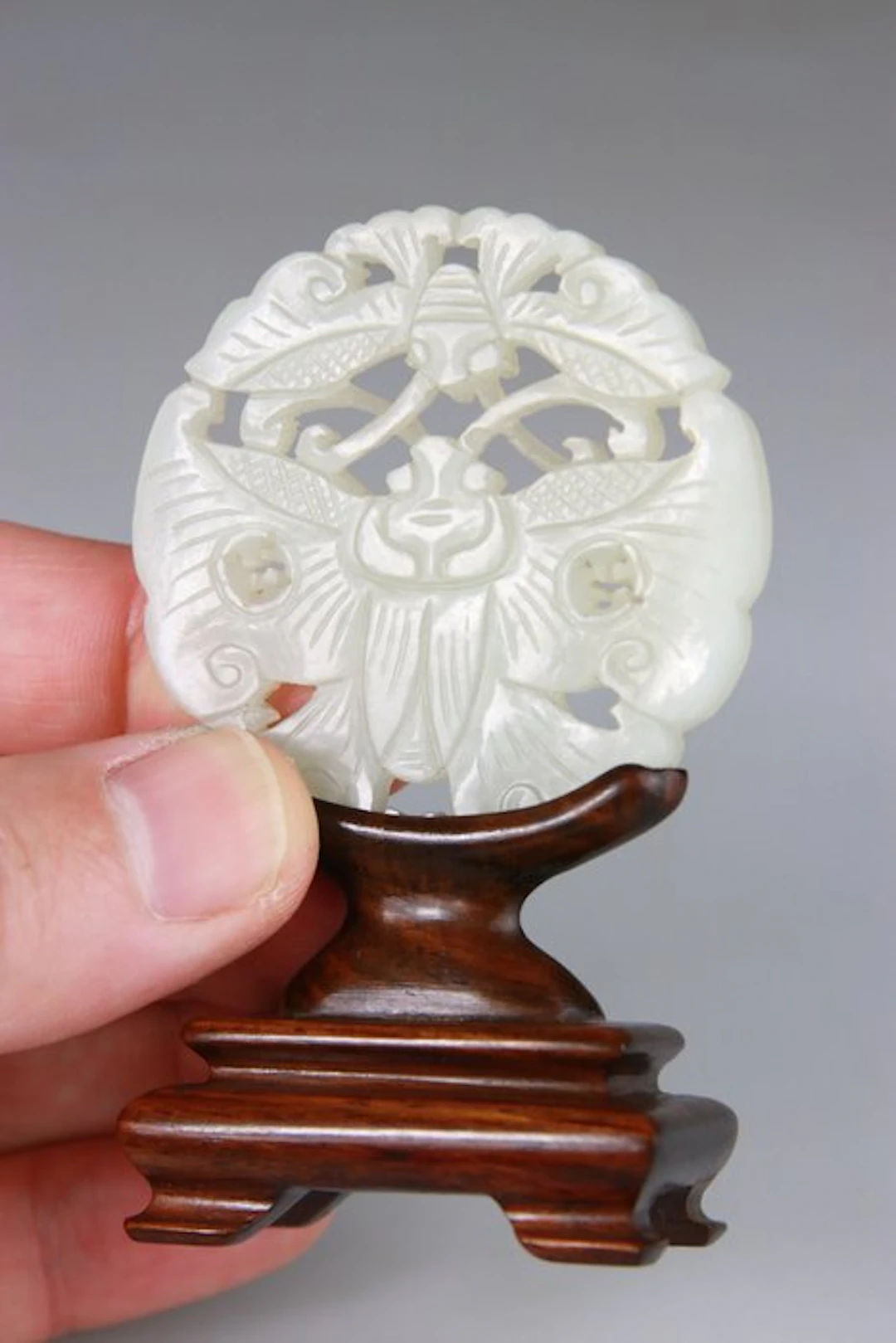 Plaque - White Nephrite Jade Pendant - Rosewood Base - Jade