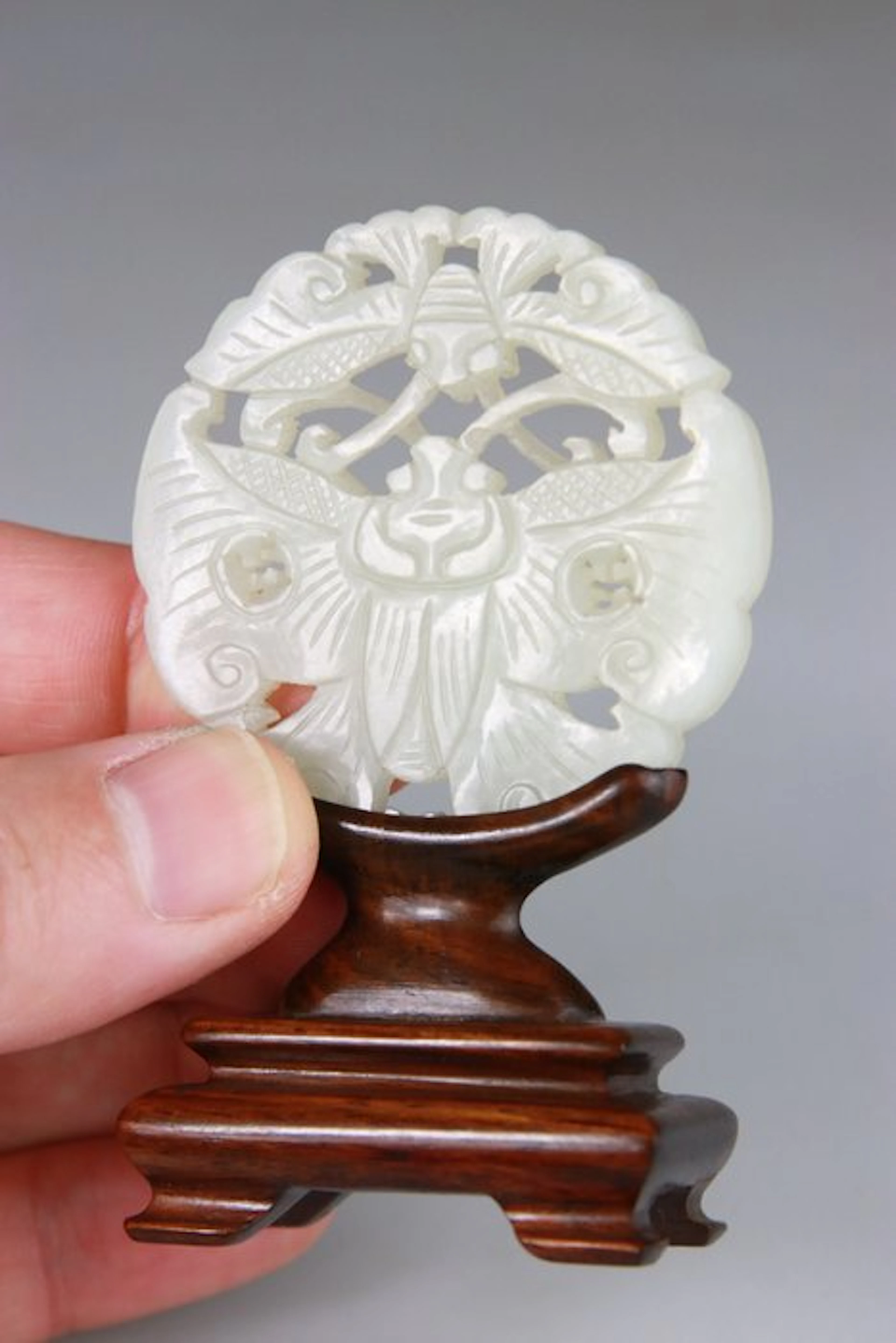 Plaque - White Nephrite Jade Pendant - Rosewood Base - Jade