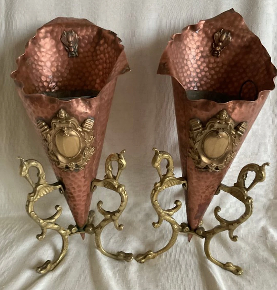Jardinière (2) - A pair of antique hammered copper wall...
