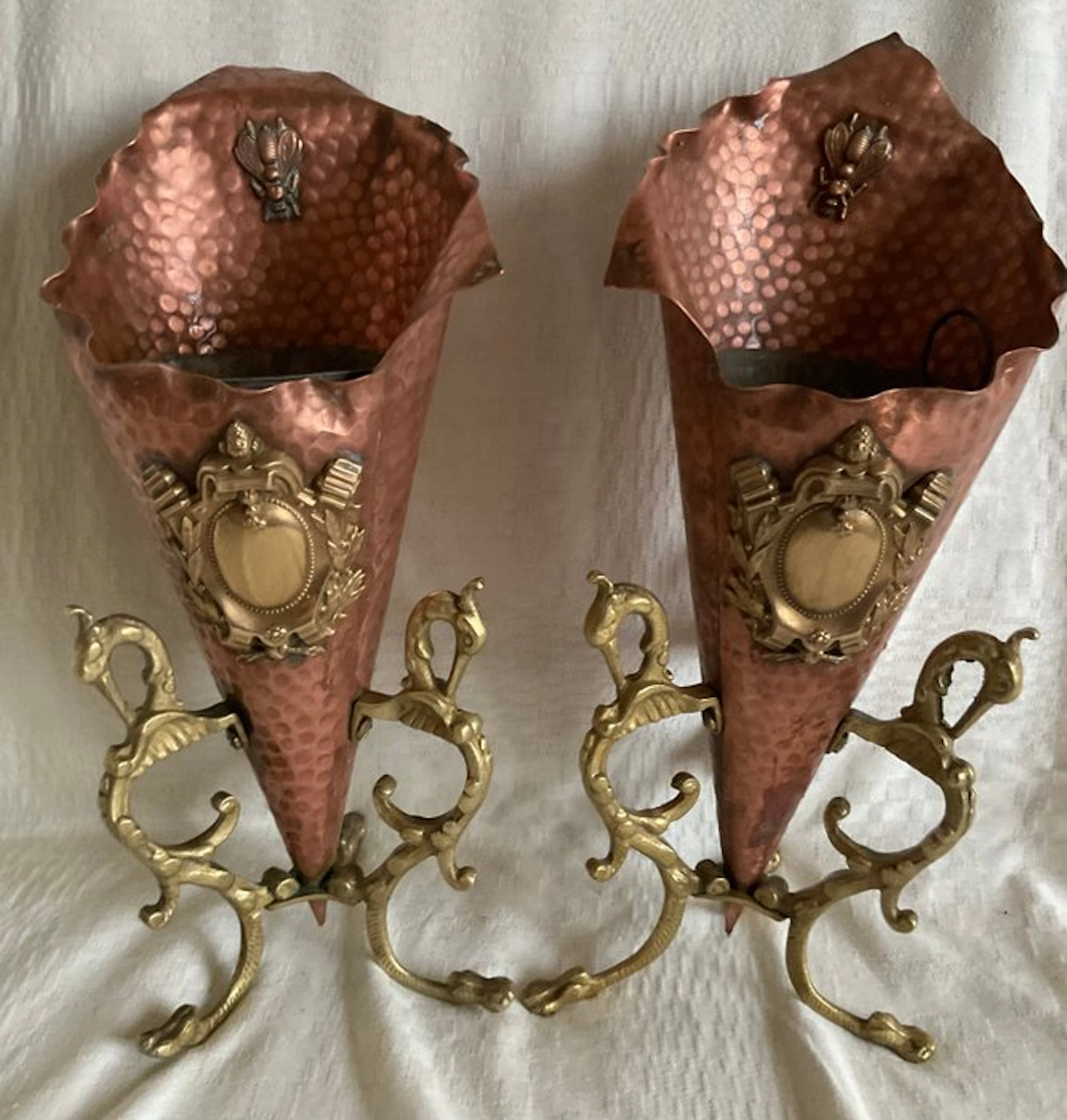 Jardinière (2) - A pair of antique hammered copper wall...