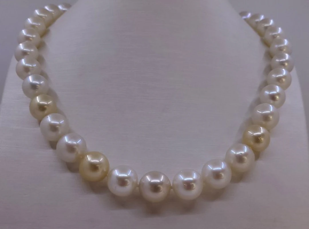 Necklace PSL Certified 10.8x13.0mm Round Golden and White South Sea Pearls