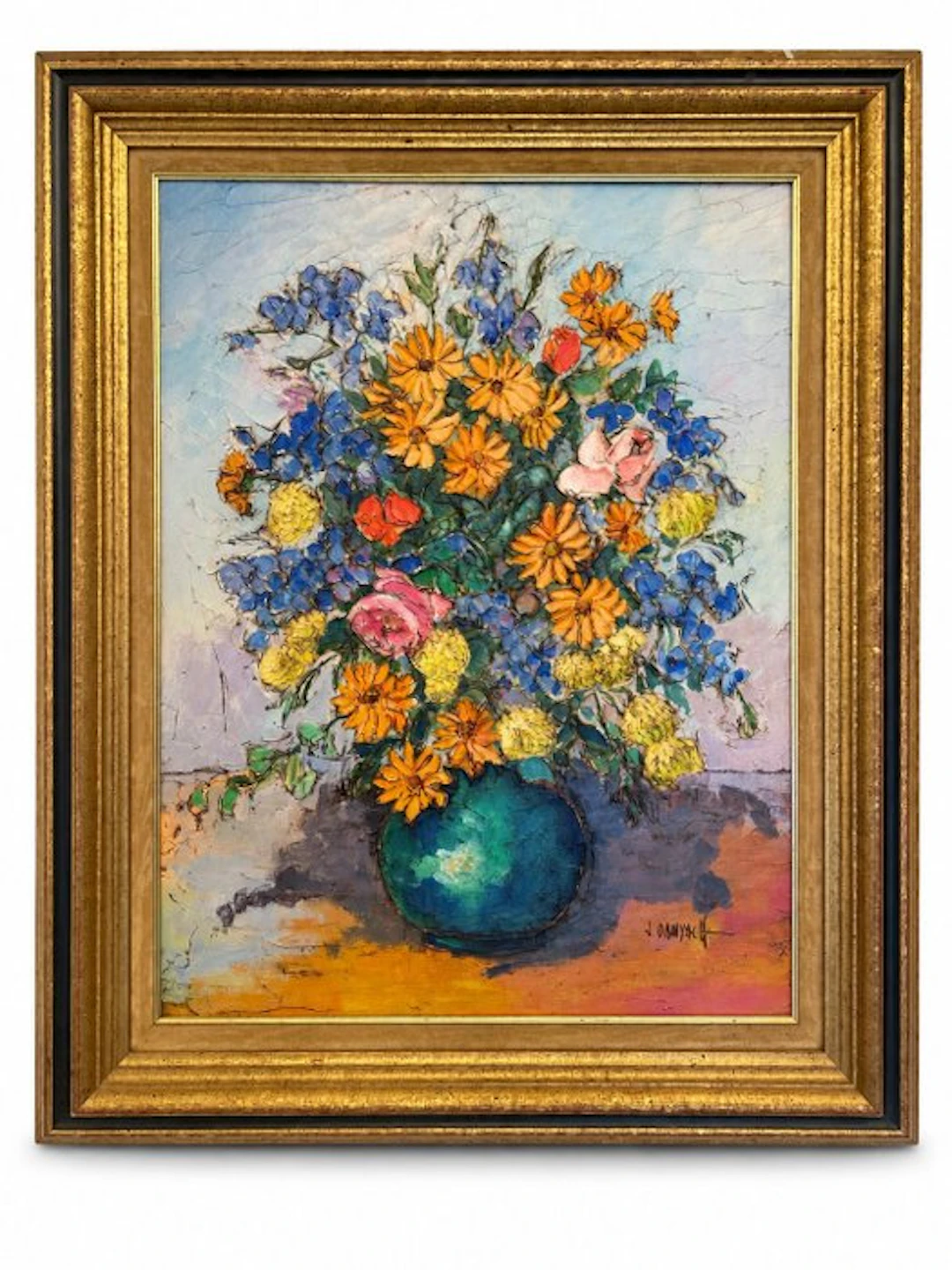 Jean Danyach (1934-2019) - Bouquet de fleurs au vase turquoise