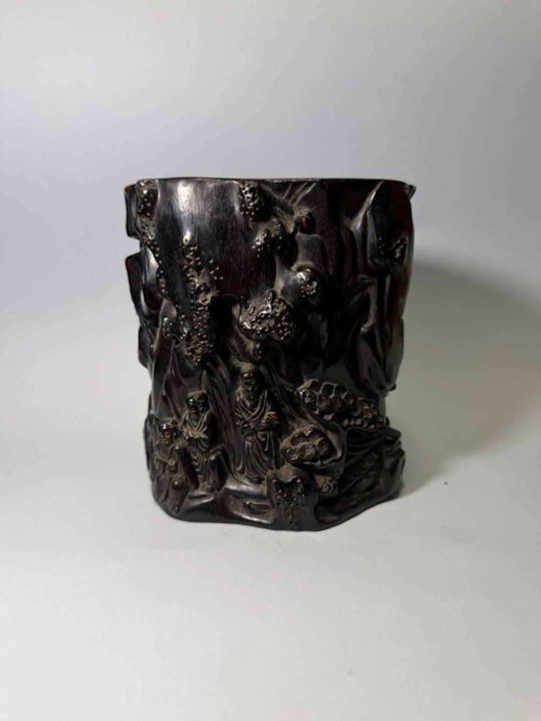 A Hardwood Brush Pot Carved with a Landscape and Figures 20th Century