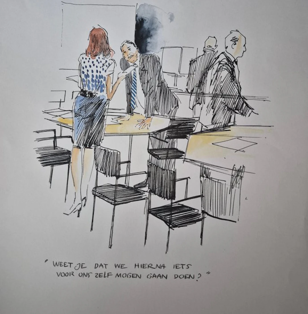 Peter van Straaten - 1 Original colour drawing - kantoor...